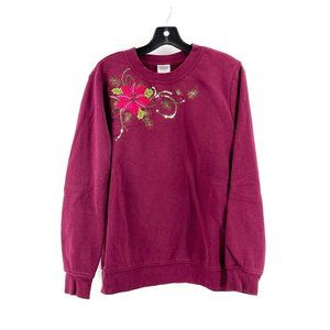 Holiday Women's Burgundy Embroidered Poinsettia Sequin Christmas Sweatshirt Med